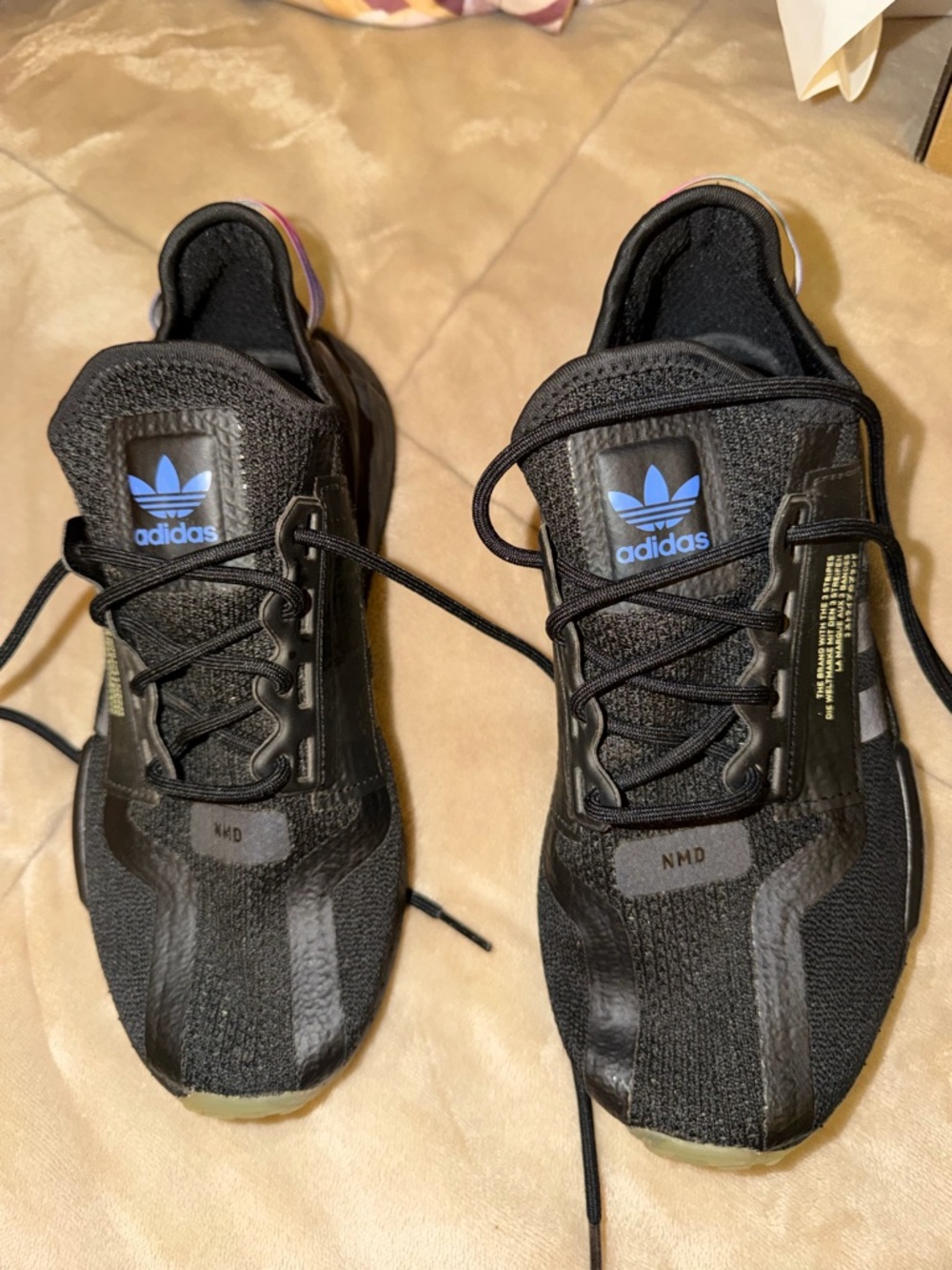 adidas Black Knit NMD Sneakers with Blue Logo and Multicolor Heel